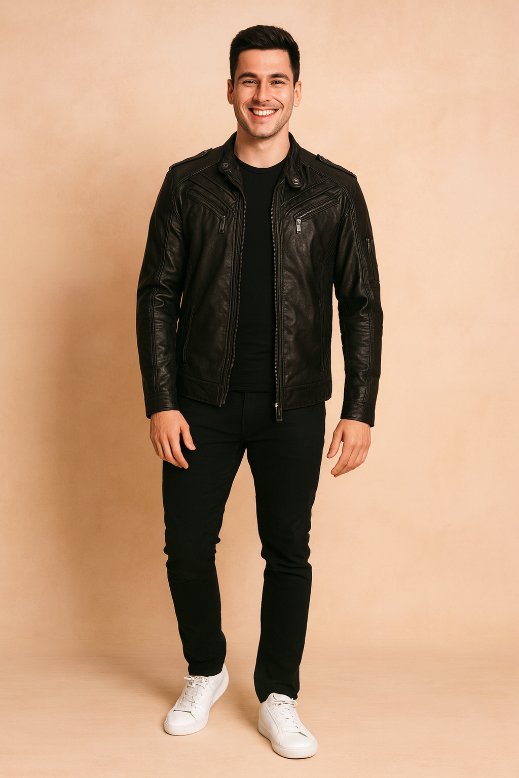 Rugged men's stylish motorcycle jacket for everyday adventures. A versatile, modern zip-up biker jacket.
