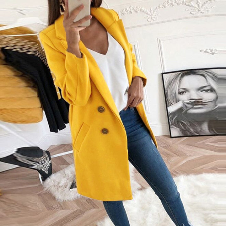 Stylish Mila women's chic button-up coat with pockets, elegant ladies outerwear for fall/winter fashion.