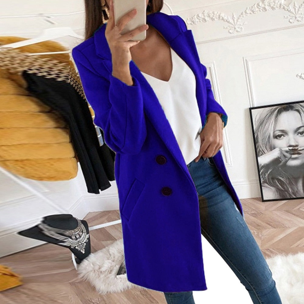 Elegant Mila women's button-up fall coat with chic design and convenient pockets. Stylish long-sleeve winter jacket.