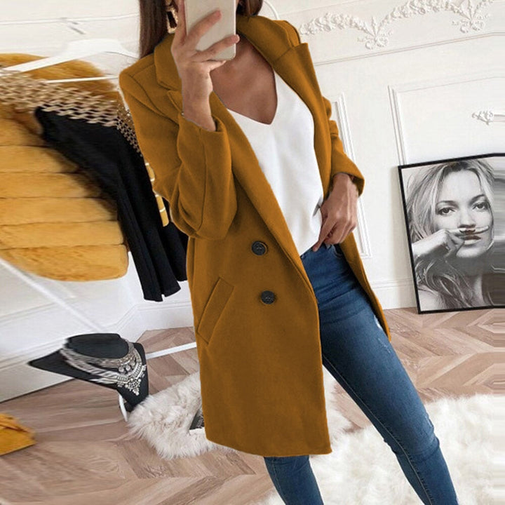 Mila stylish women's coat, a chic button-up jacket with pockets. Comfortable ladies outerwear for elegant fall fashion.