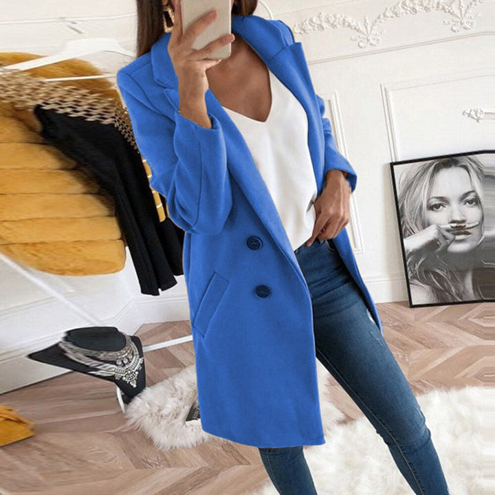 Modern chic button-up women's coat, Mila design. Elegant long-sleeve outerwear with pockets for stylish fall/winter.