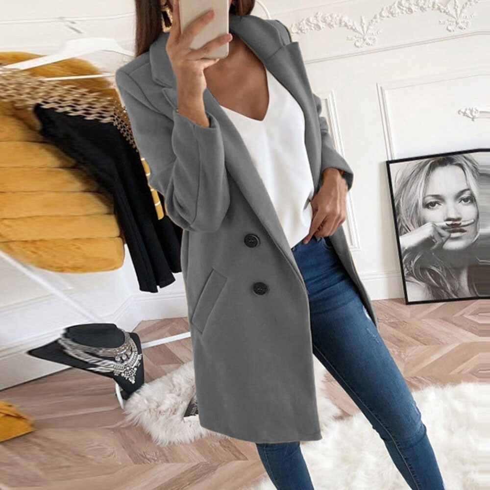 Everyday chic women's button-up coat, Mila. Elegant ladies outerwear with pockets, perfect for versatile fall style.