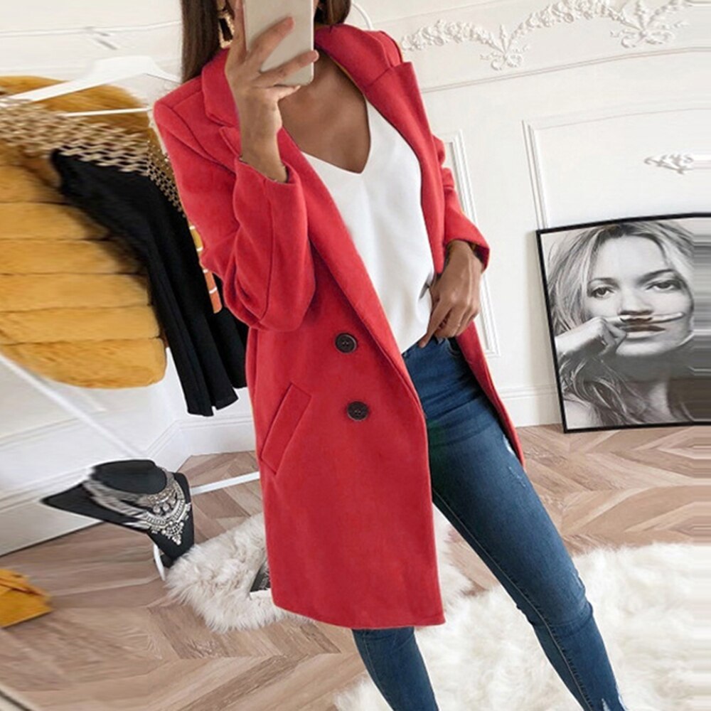 Model wearing a chic Mila women's button-up coat with pockets, showcasing elegant ladies outerwear for fall/winter.