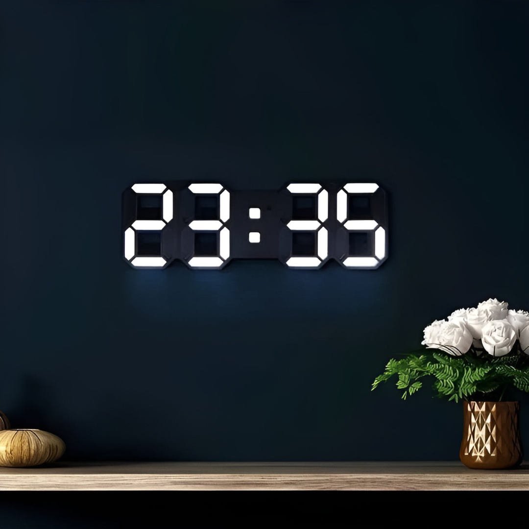 Stylish modern 3D LED digital wall clock for home & office. Minimalist USB powered timepiece.