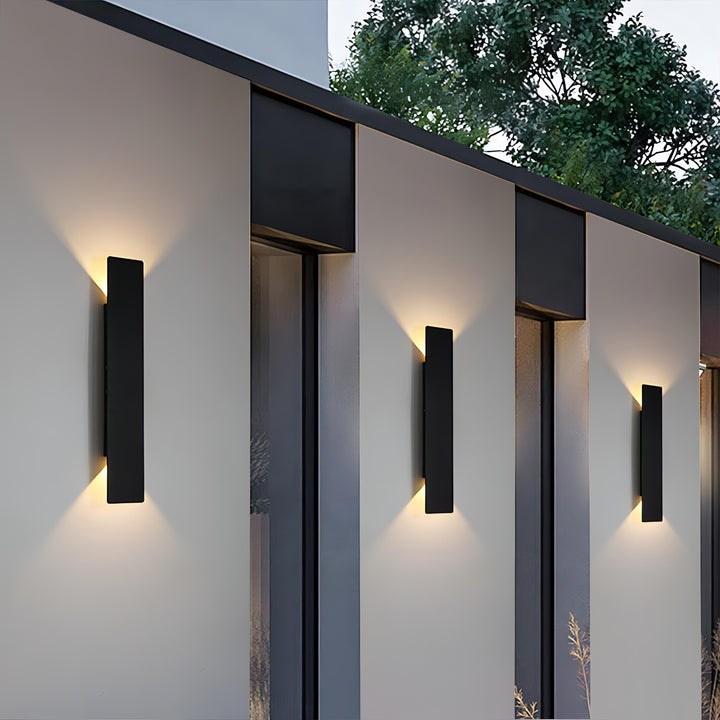 "Stylish outdoor waterproof LED wall light, rectangle design, up/down illumination, modern look, IP65 for durability."