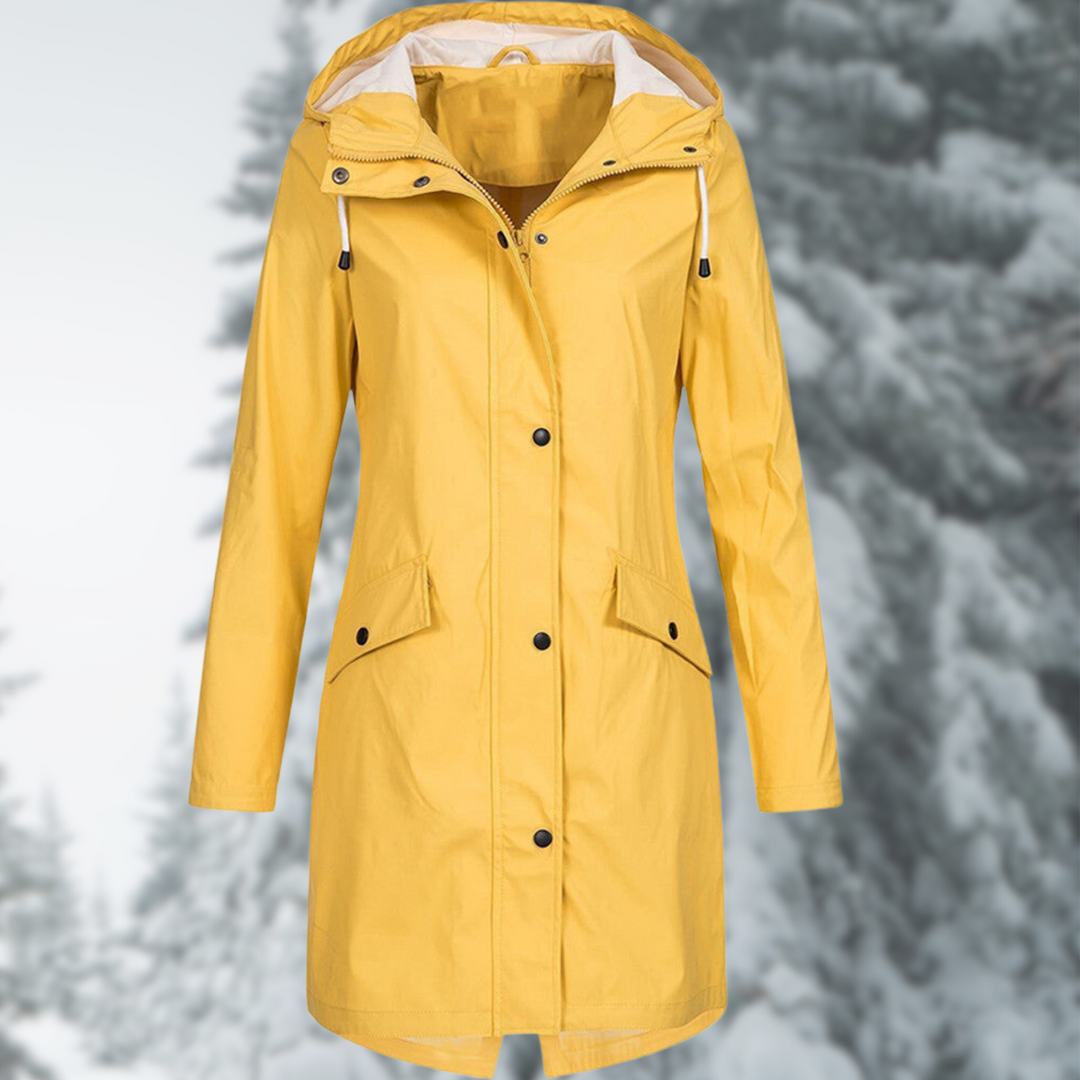 Stylish pink women's long waterproof raincoat with hood, perfect for all-weather rain protection.