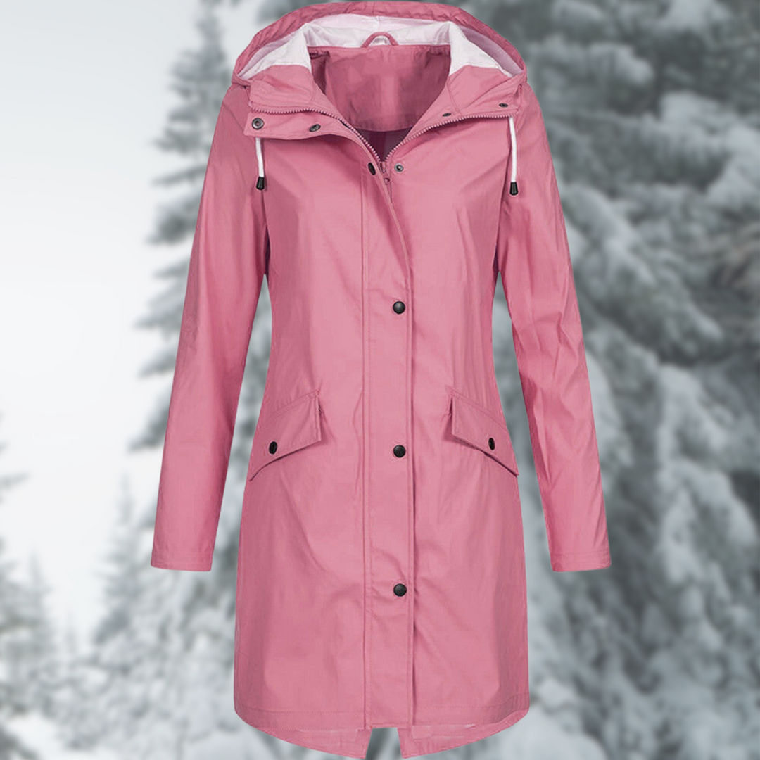 Versatile yellow women's long waterproof hooded raincoat for chic all-weather protection.