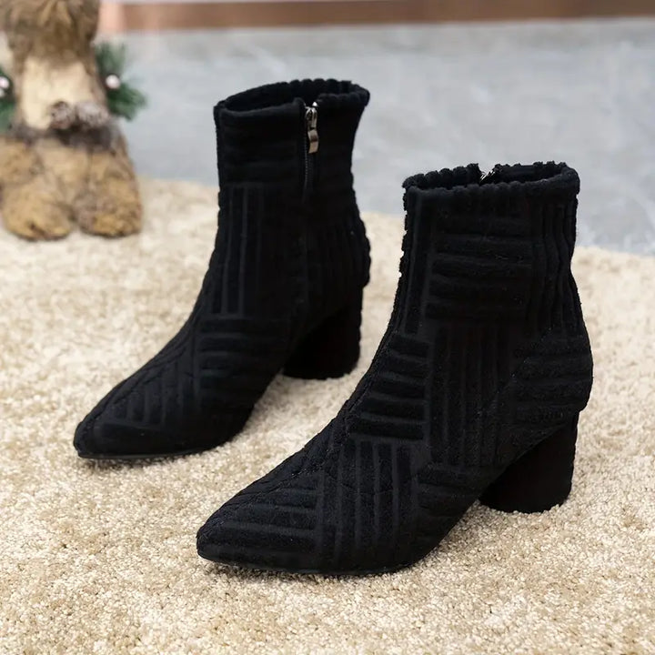 Women's Selene block heel boots. Comfortable, stylish pointed toe design in a solid colour. Perfect zipper fashion footwear.
