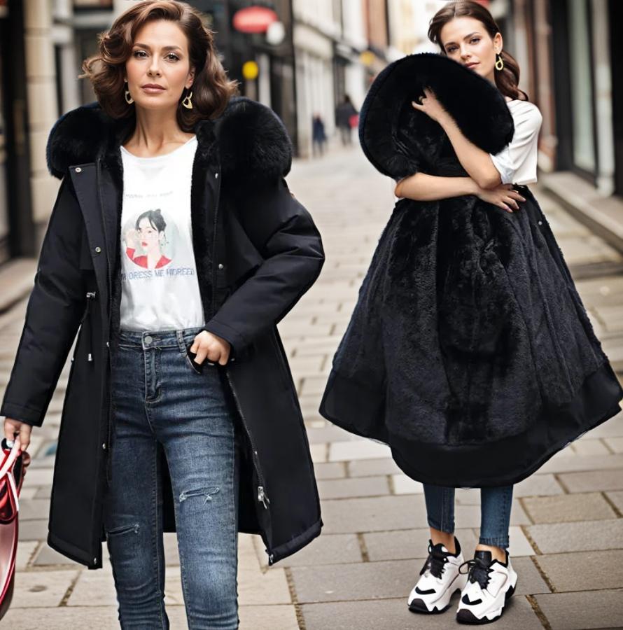 Elegant women's insulated long sleeve coat. Perfect for outdoor wear & winter style.