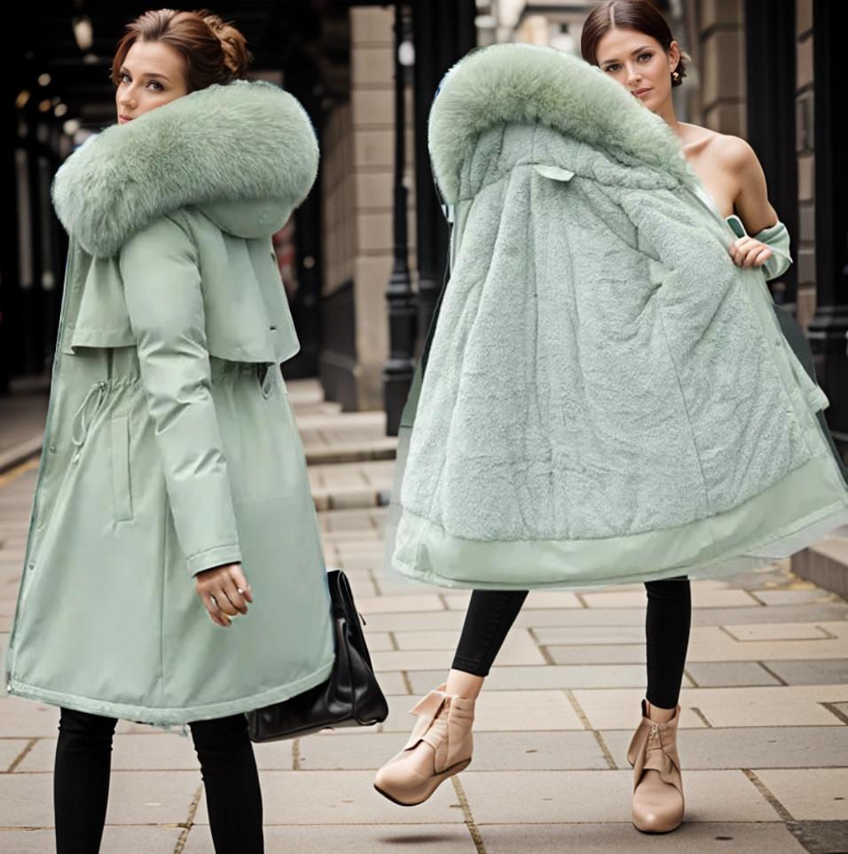 Fashionable women's cold weather jacket. Durable waterproof outerwear for warmth & comfort.