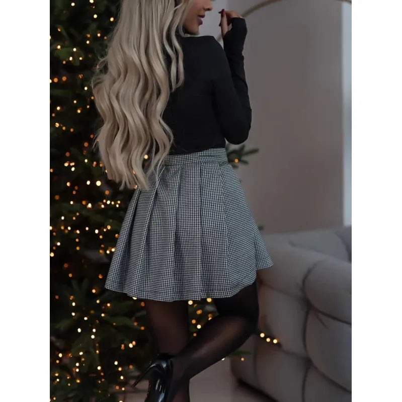 Modern classic checked mini skirt for women, offering timeless style for diverse office and casual ensembles.