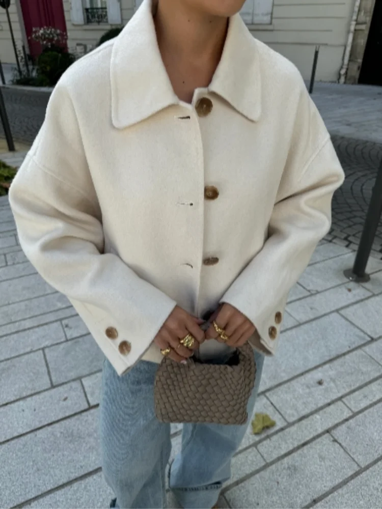 Taupe cropped boxy jacket, a stylish oversized women's coat. Perfect versatile outerwear for fall & winter.