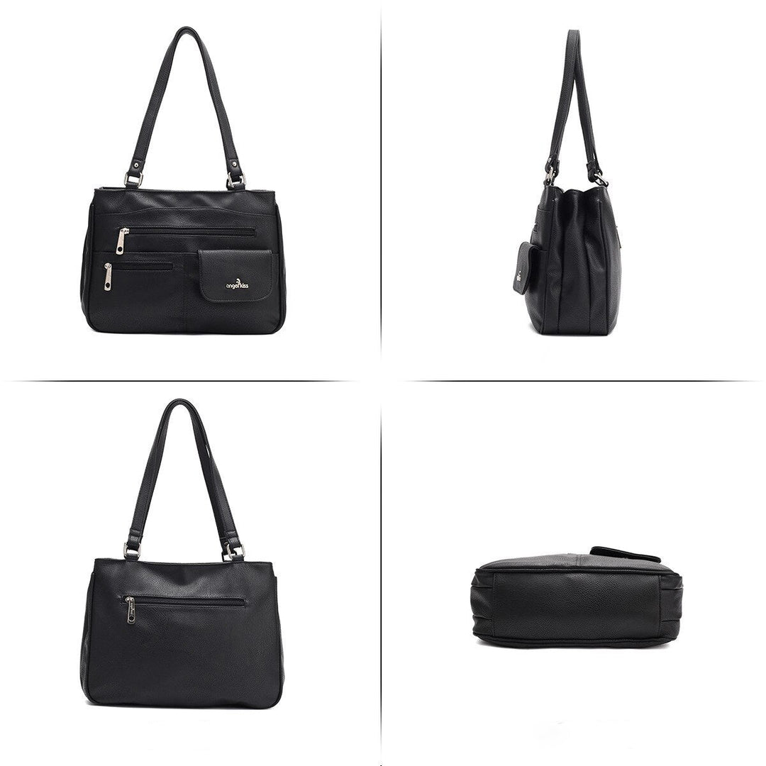 Interior view of the open FlexiCarry women's multi-compartment PU leather handbag, showing spacious design.