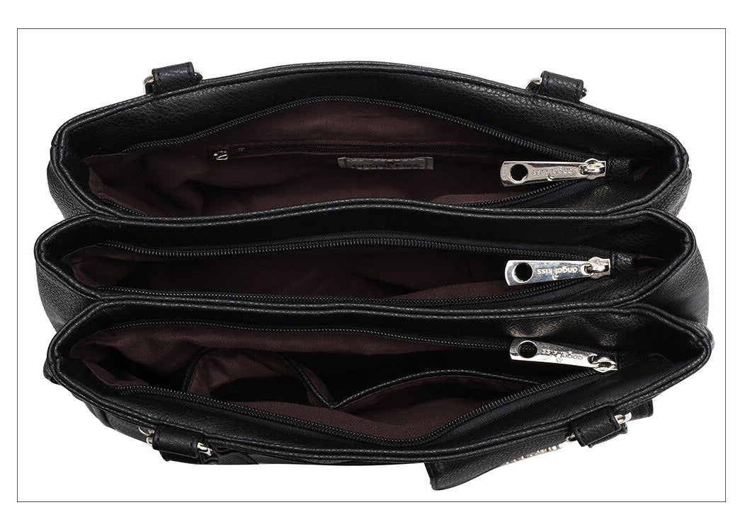 Adjustable strap and hardware detail on the FlexiCarry multi-compartment women's PU leather shoulder & crossbody bag.