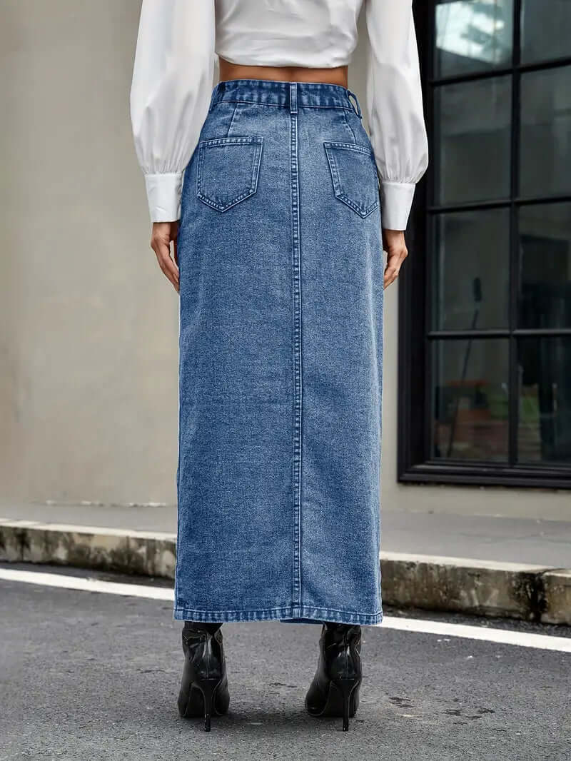 Fashionable high-waist denim midi skirt for women, featuring a chic front slit and versatile design.
