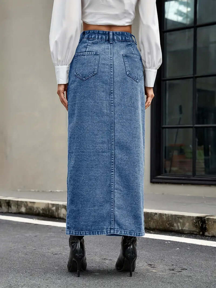 Fashionable high-waist denim midi skirt for women, featuring a chic front slit and versatile design.