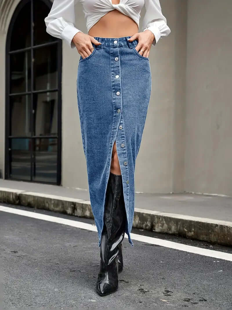 Blue denim high-waist midi skirt for women, featuring a modern front slit, comfortable and fashionable.