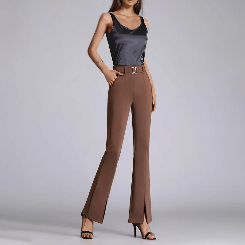 Brown women's high-waisted wide-leg trousers. Perfect smart casual pants for office wear or weekend style.