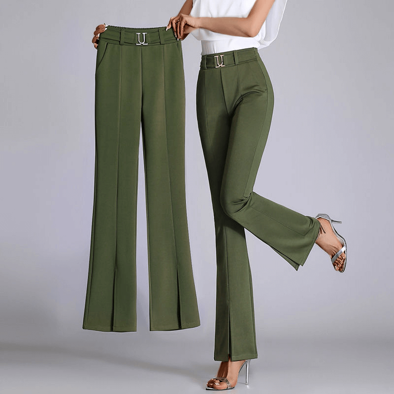 Elegant green wide-leg trousers for women. High-waisted design offers comfort & a chic look for any occasion.
