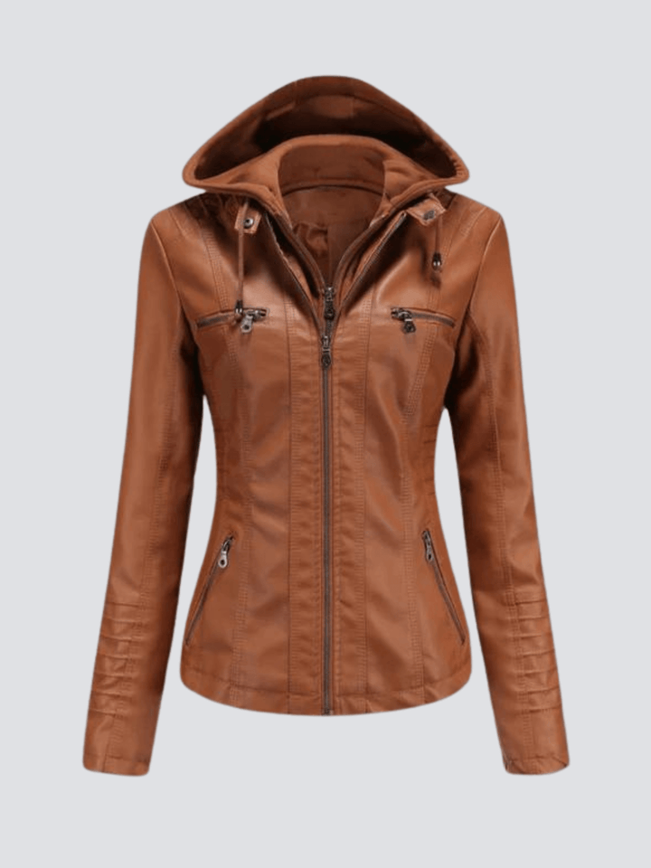 Stylish women's hooded jacket, faux leather, perfect for fall & winter casual wear with a detachable hood.