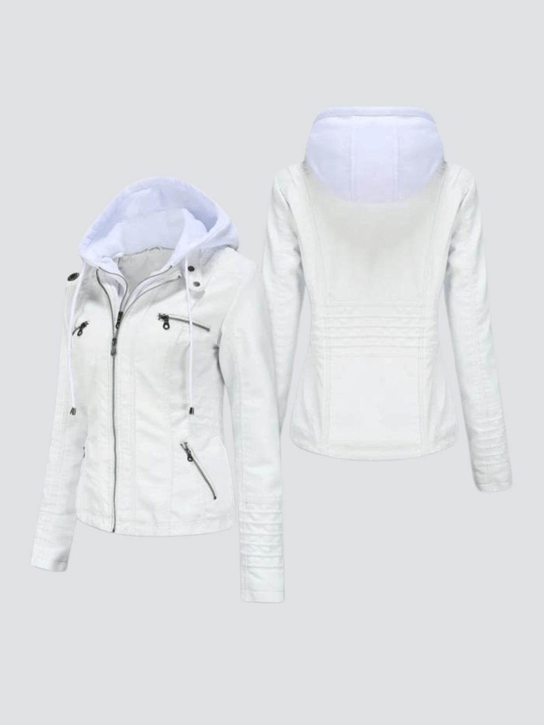 Comfortable women's stylish hooded jacket, faux leather, ideal for casual fall & winter fashion.