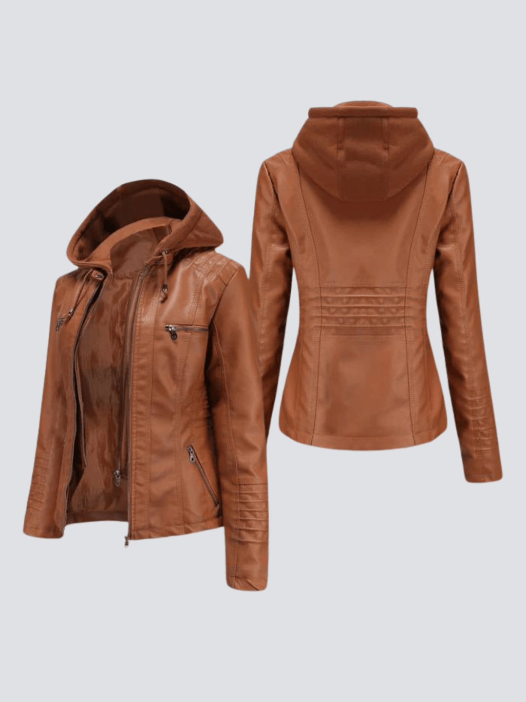 Versatile women's faux leather hooded jacket, comfortable & stylish for everyday fall & winter fashion.