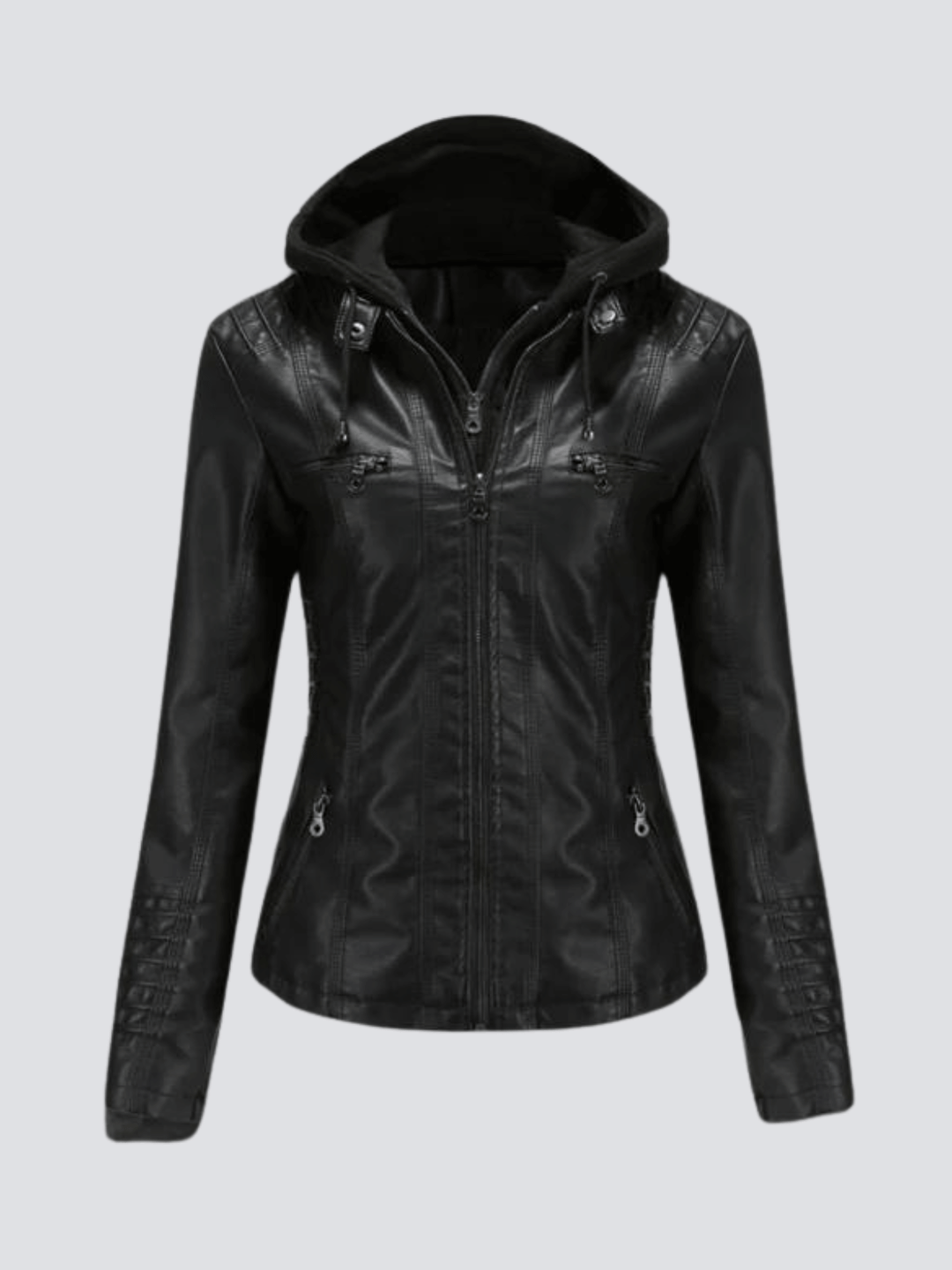 Women's classic faux leather jacket with a detachable hood, ideal stylish outerwear for fall & winter.