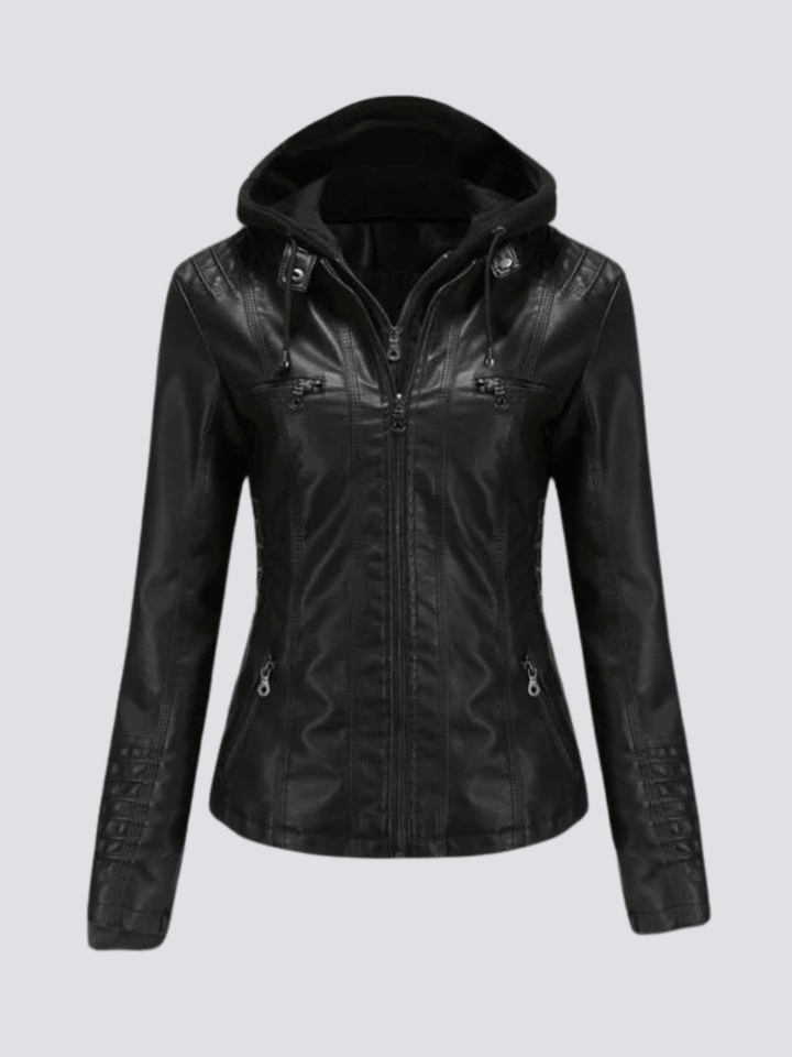 Women's classic faux leather jacket with a detachable hood, ideal stylish outerwear for fall & winter.