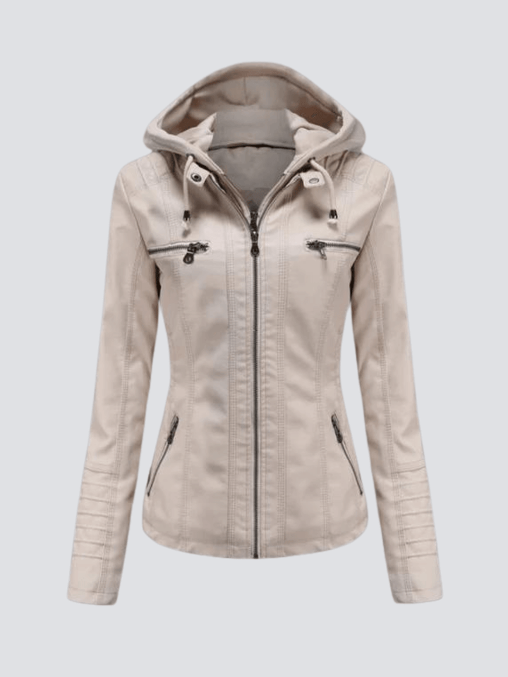 Women's faux leather hooded jacket, a comfortable & stylish piece of outerwear with a detachable hood.
