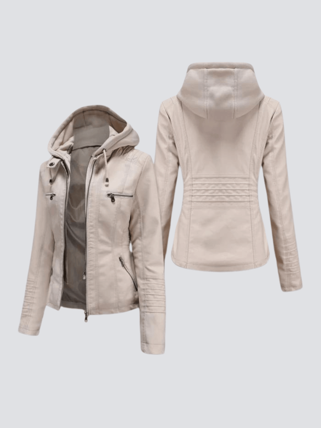 Everyday women's hooded jacket in stylish faux leather, offering comfort & warmth for fall & winter fashion.