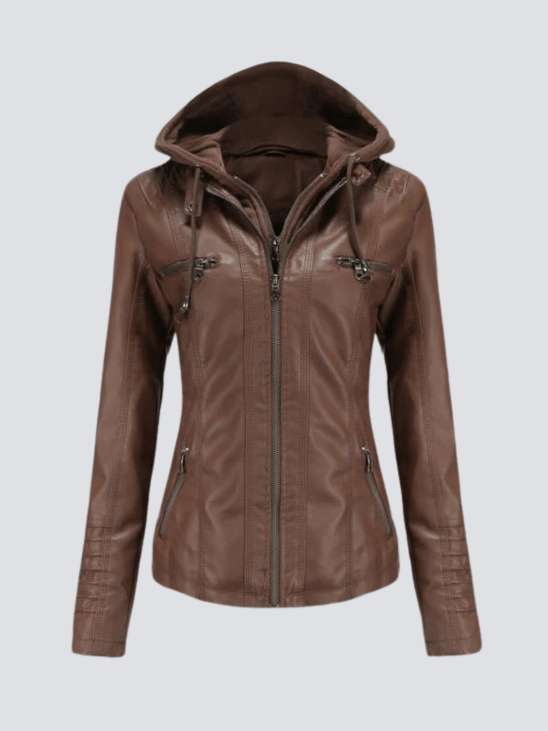 Stylish women's faux leather hooded jacket with a detachable hood, perfect for versatile fall outerwear.