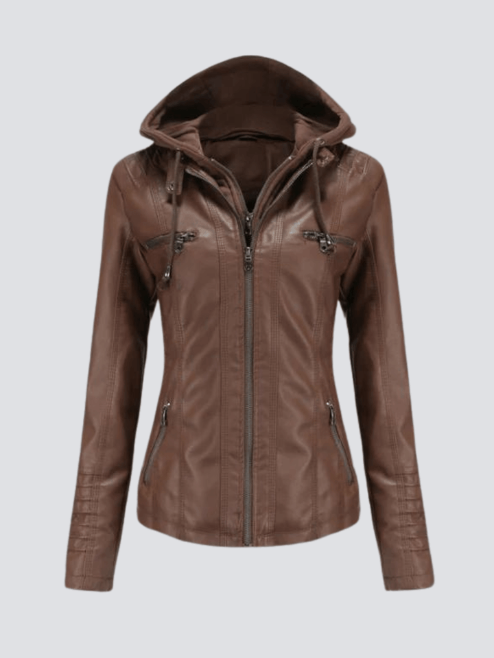 Stylish women's faux leather hooded jacket with a detachable hood, perfect for versatile fall outerwear.