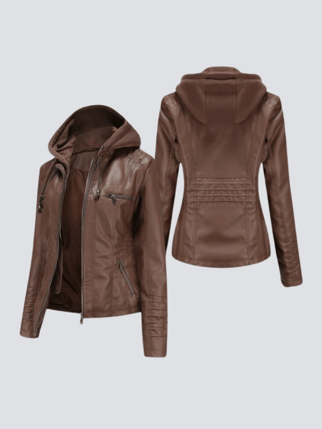 Elegant women's faux leather jacket, featuring a comfortable detachable hood for stylish fall & winter looks.