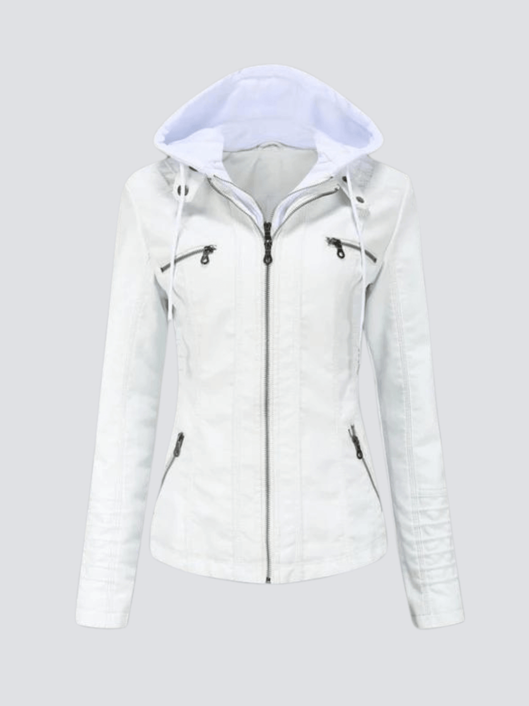 Classic women's hooded faux leather jacket, stylish & versatile fall & winter outerwear.