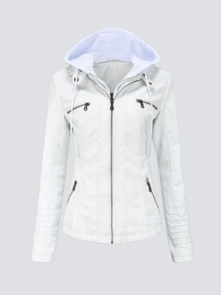 Classic women's hooded faux leather jacket, stylish & versatile fall & winter outerwear.