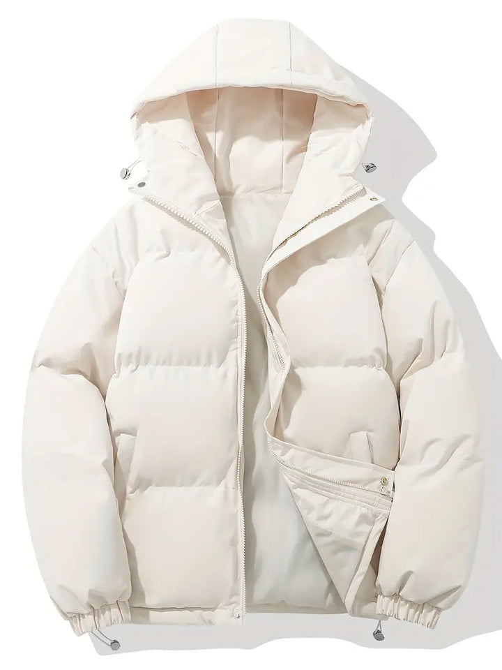 Cozy insulated women's winter jacket with hood, offering superior warmth & protection against cold weather.