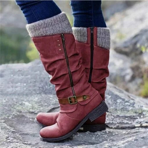 Comfortable women's tall synthetic suede boots with knit cuff, side zipper & buckles for cold weather.