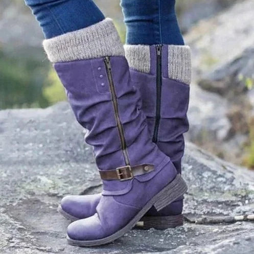 Women's stylish tall boots: synthetic suede knee-highs with adjustable buckles, knit cuff & round toe.