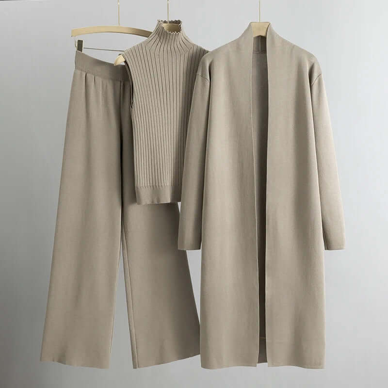 Stylish women's knitted 3-piece set featuring a comfy cardigan, crop top, and wide-leg pants, perfect for loungewear.