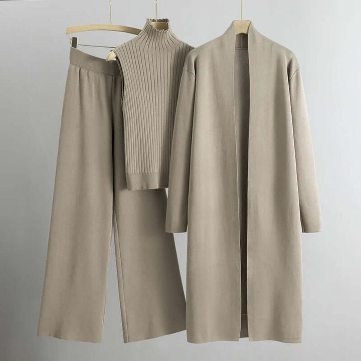 Stylish women's knitted 3-piece set featuring a comfy cardigan, crop top, and wide-leg pants, perfect for loungewear.