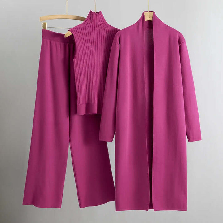 Trendy women's knitted matching set, including a soft cardigan, tank top, and flowy wide-leg pants for daily wear.