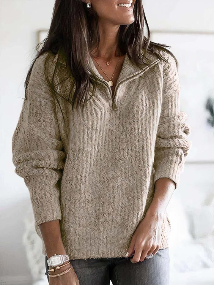 Stylish women's knitted zip collar sweater. Cozy long sleeve pullover, perfect for autumn & winter fashion.