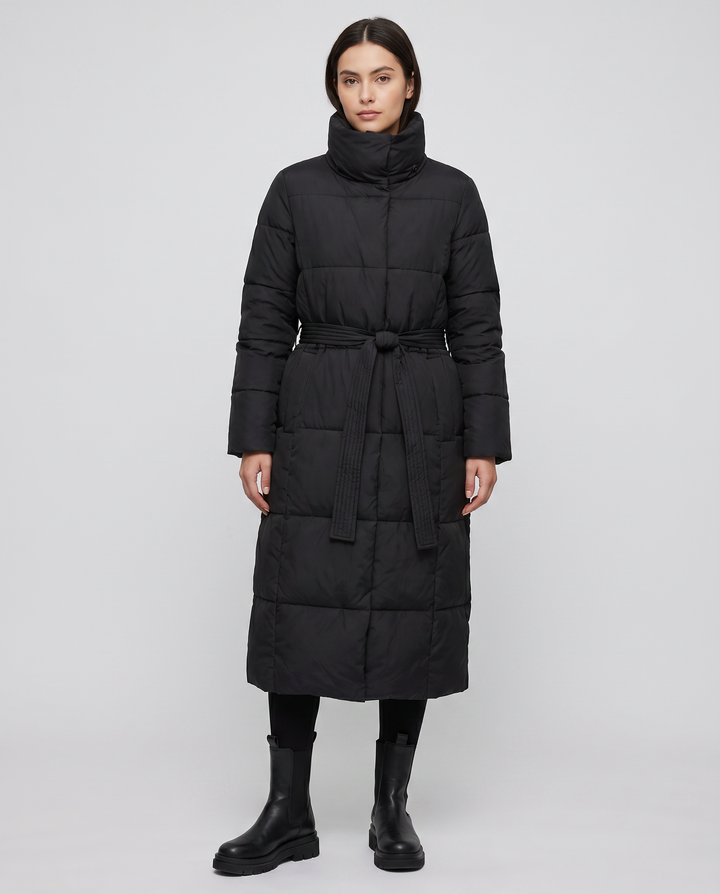 Comfortable women's long puffer jacket. Quilted design, warm & cozy for stylish cold weather fashion.