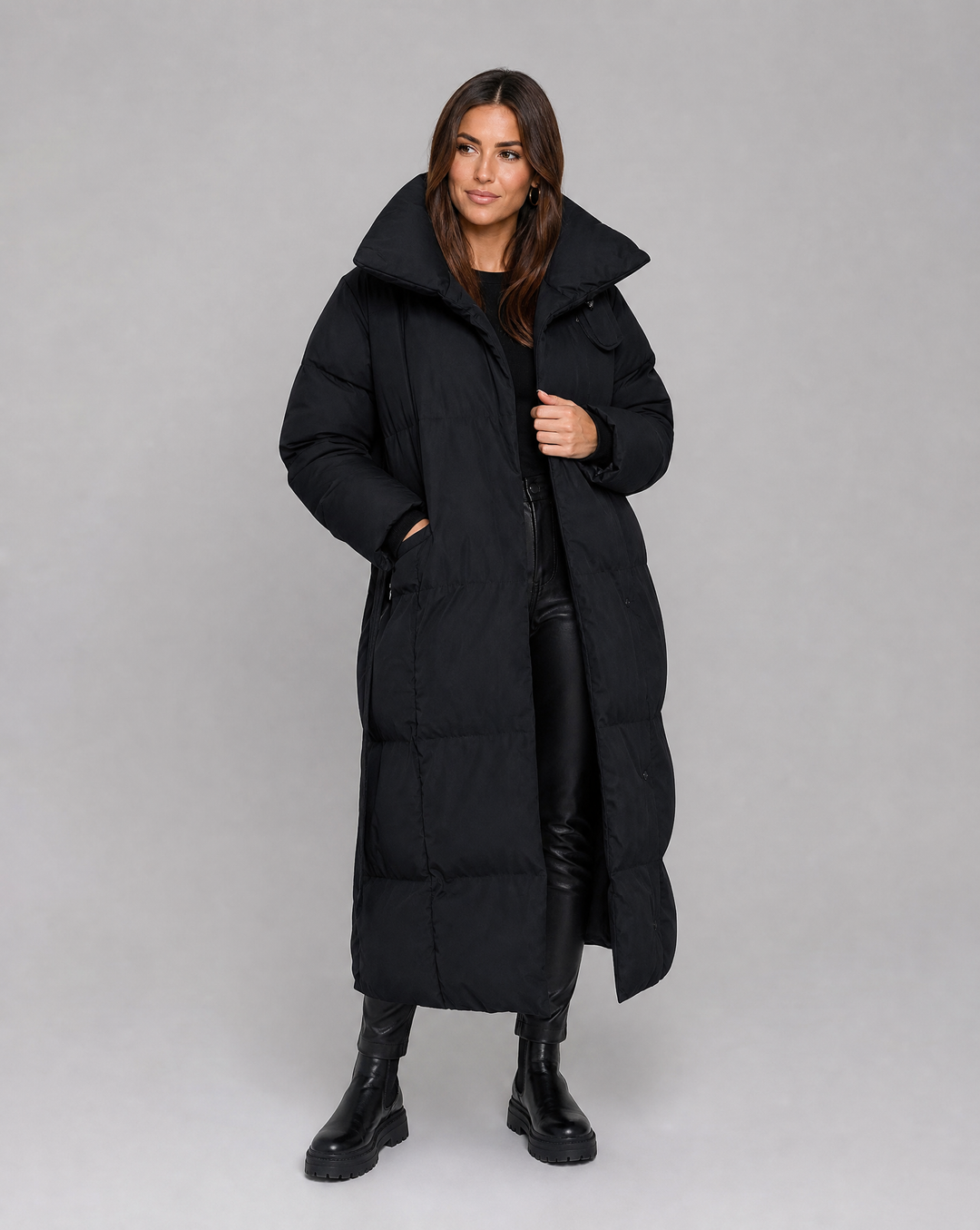 Cozy women's long winter puffer jacket. Ultimate warmth and comfort for cold weather, a stylish outerwear choice.
