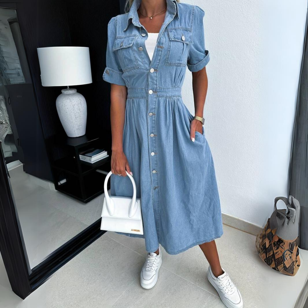 Stylish Women's short sleeve denim dress by DenimCharm. Trendy & comfortable for everyday fashion.