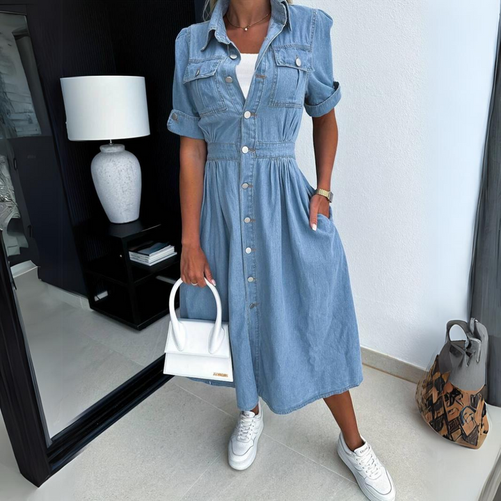 Stylish Women's short sleeve denim dress by DenimCharm. Trendy & comfortable for everyday fashion.