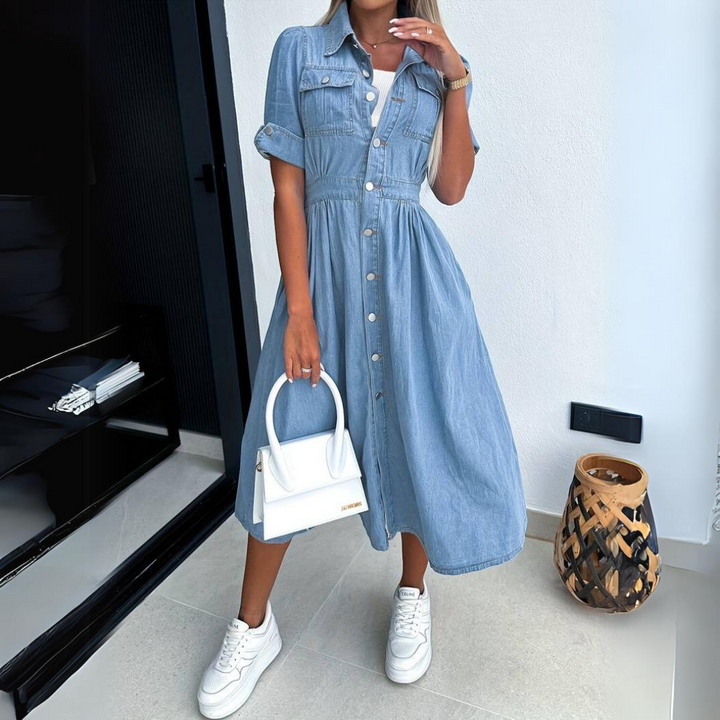 Versatile women's short sleeve denim dress, perfect for casual summer wear & chic everyday style.