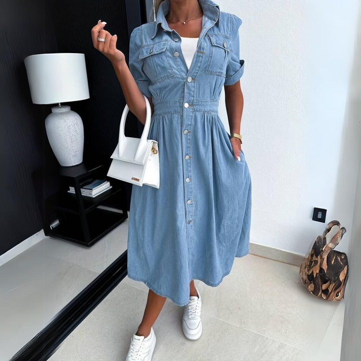 Comfortable & chic women's short sleeve denim dress. Timeless style for any casual occasion.
