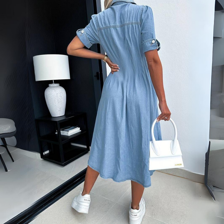 Stylish women's short sleeve denim dress. Ideal casual summer dress, offering comfort & chic everyday fashion.