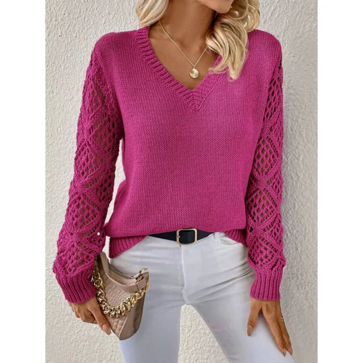 Stylish women's V-neck knit sweater with trendy open sleeves, perfect for fall fashion & casual comfort.